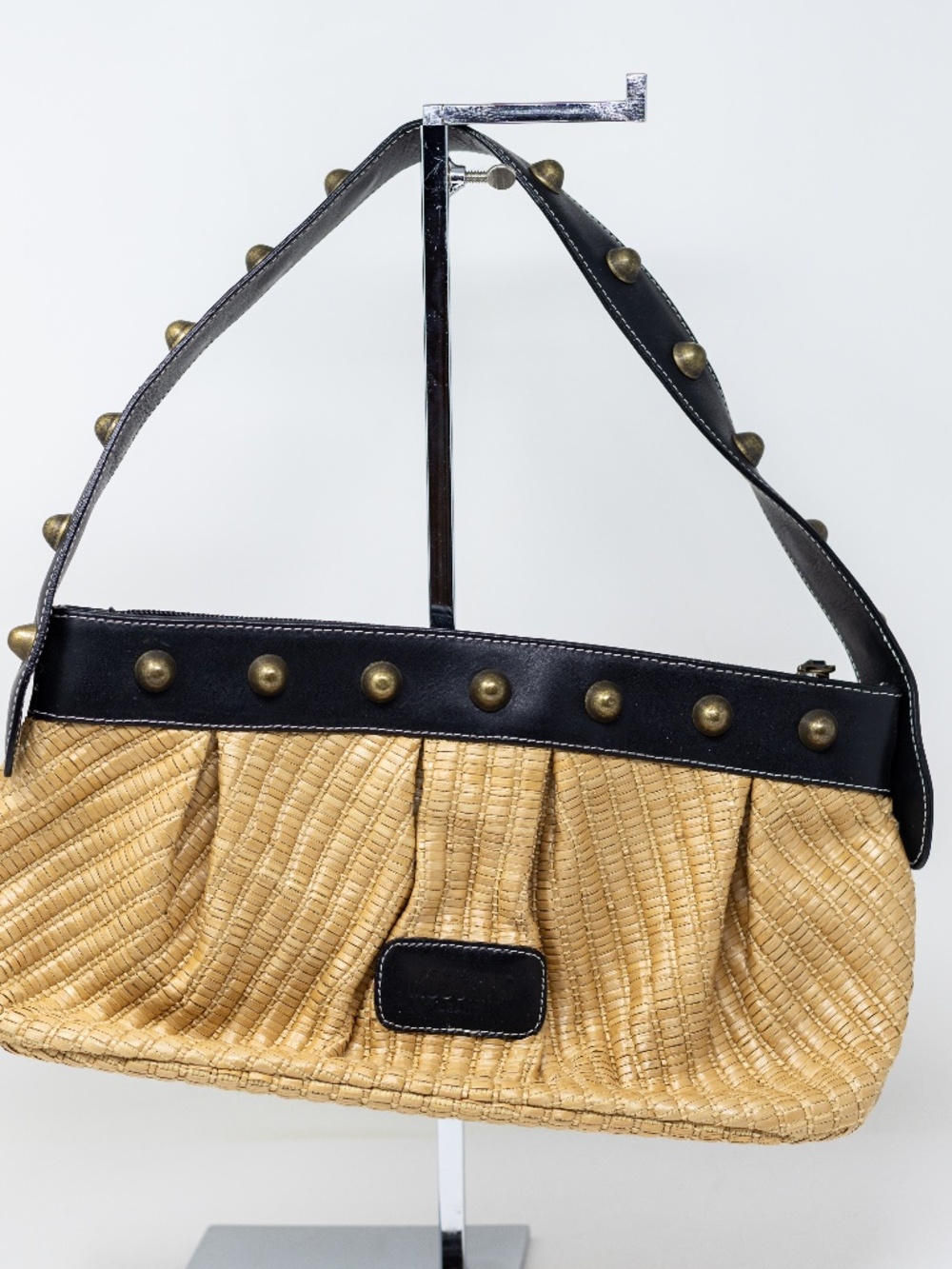 Moschino Jeans Vintage Raffia Straw Woven Leather Trim Studded Shoulder Purse